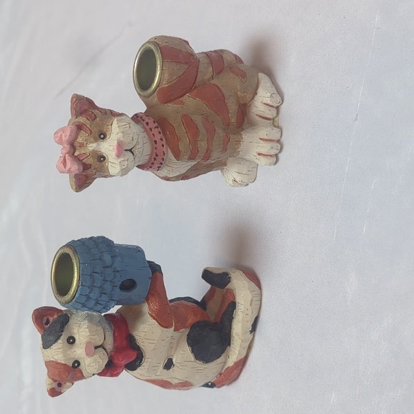 Hermitage Pottery Hand Painted Rustic Resin Cat Kitten Taper Candle Holders - Picture 1 of 9